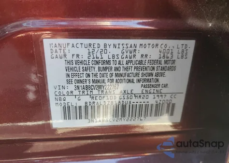 2021 Nissan Sentra Sv из США, поврежденный, VIN 3N1AB8CV2MY222767